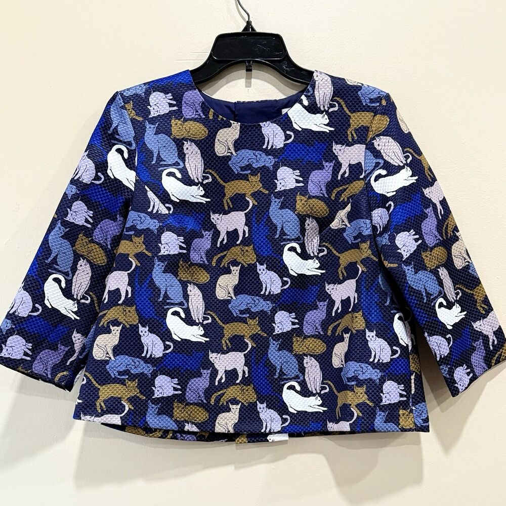 H&M Blue Kitty Cat Retro Novelty Print Cropped Boxy Cut 3/4 Sleeve Blouse Sz 10